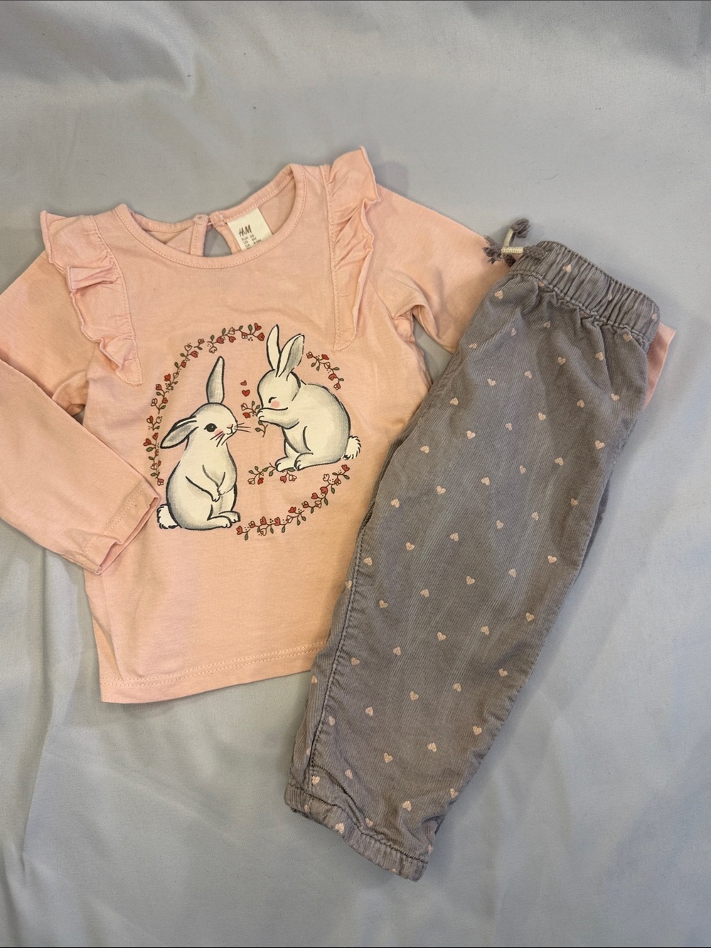 H&M - Pale Pink Ruffle Bunny 2-piece Set with Gray Heart Corduroy Pants